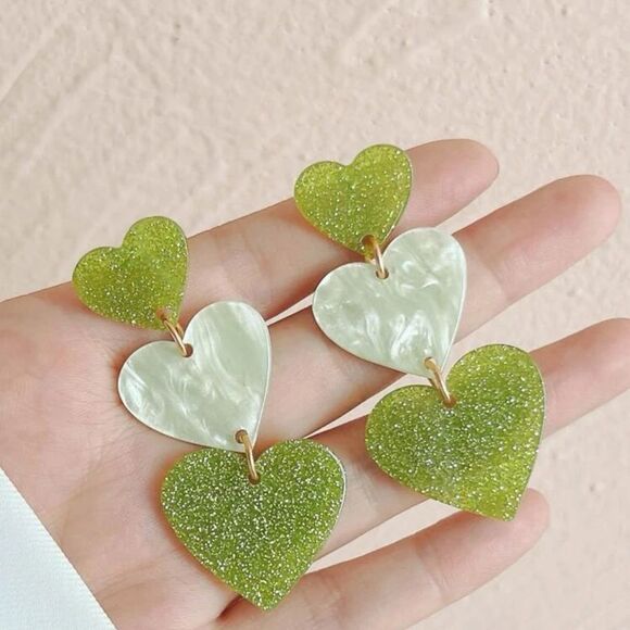 St. Patrick's Day Triple Heart 2" Drop Earrings - Picture 2 of 4